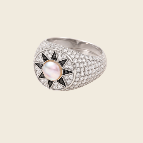 Anel Sun Madrepérola e Black Diamond em Ouro Branco