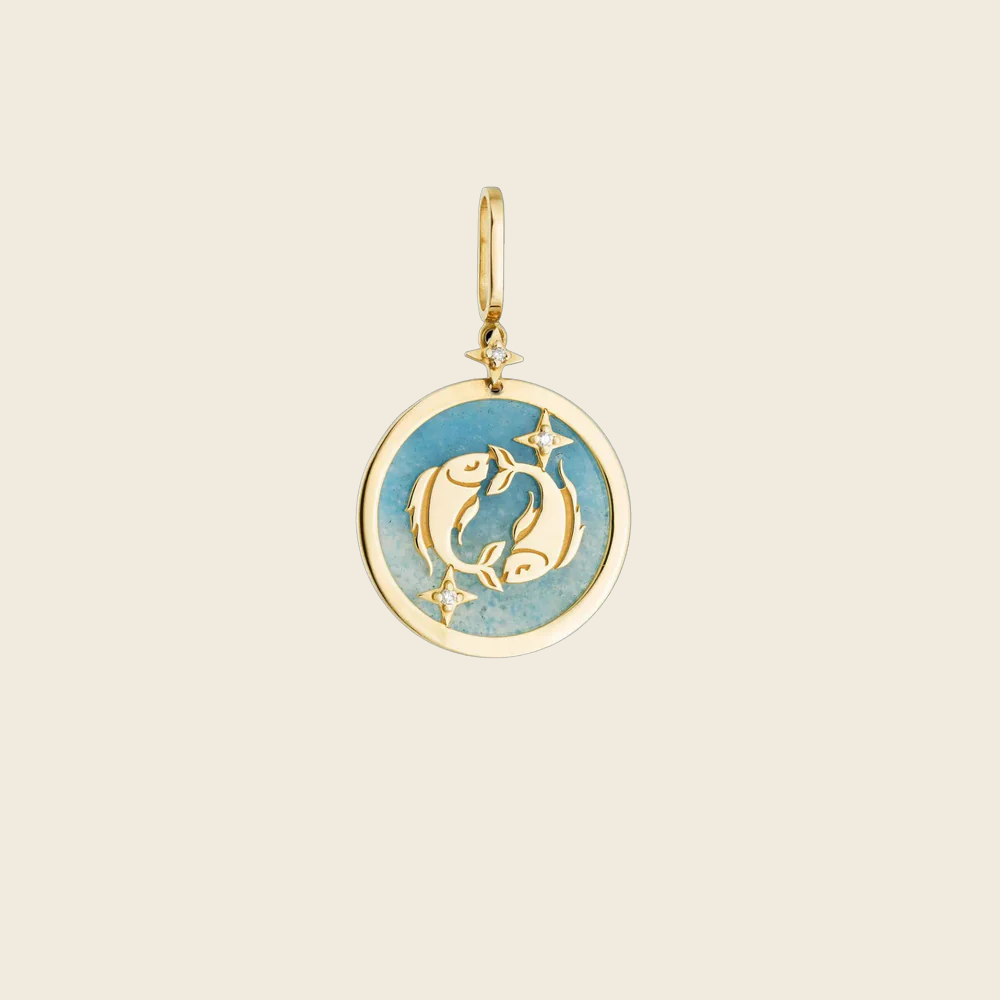 Pendente Zodíaco de Peixes com Quartzo Azul e Diamantes em Ouro Amarelo