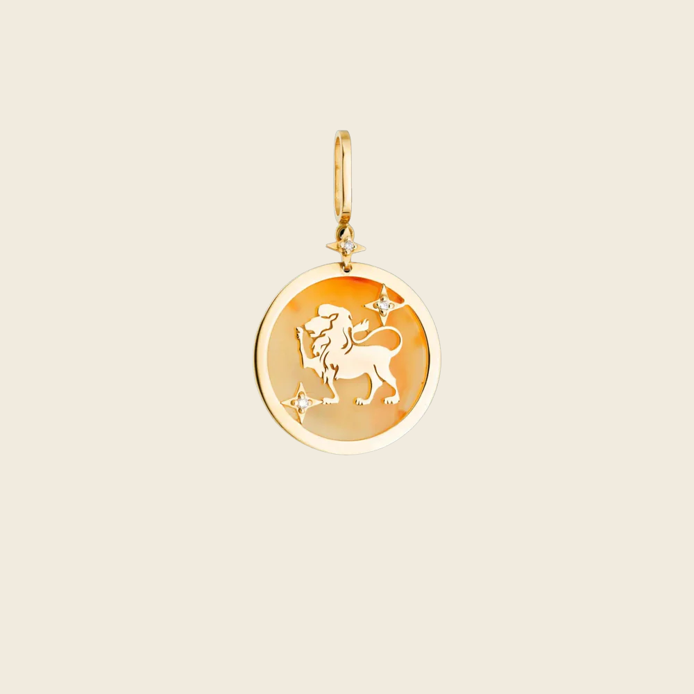 Pendente Zodíaco de Leão com Quartzo Laranja e Diamantes em Ouro Amarelo