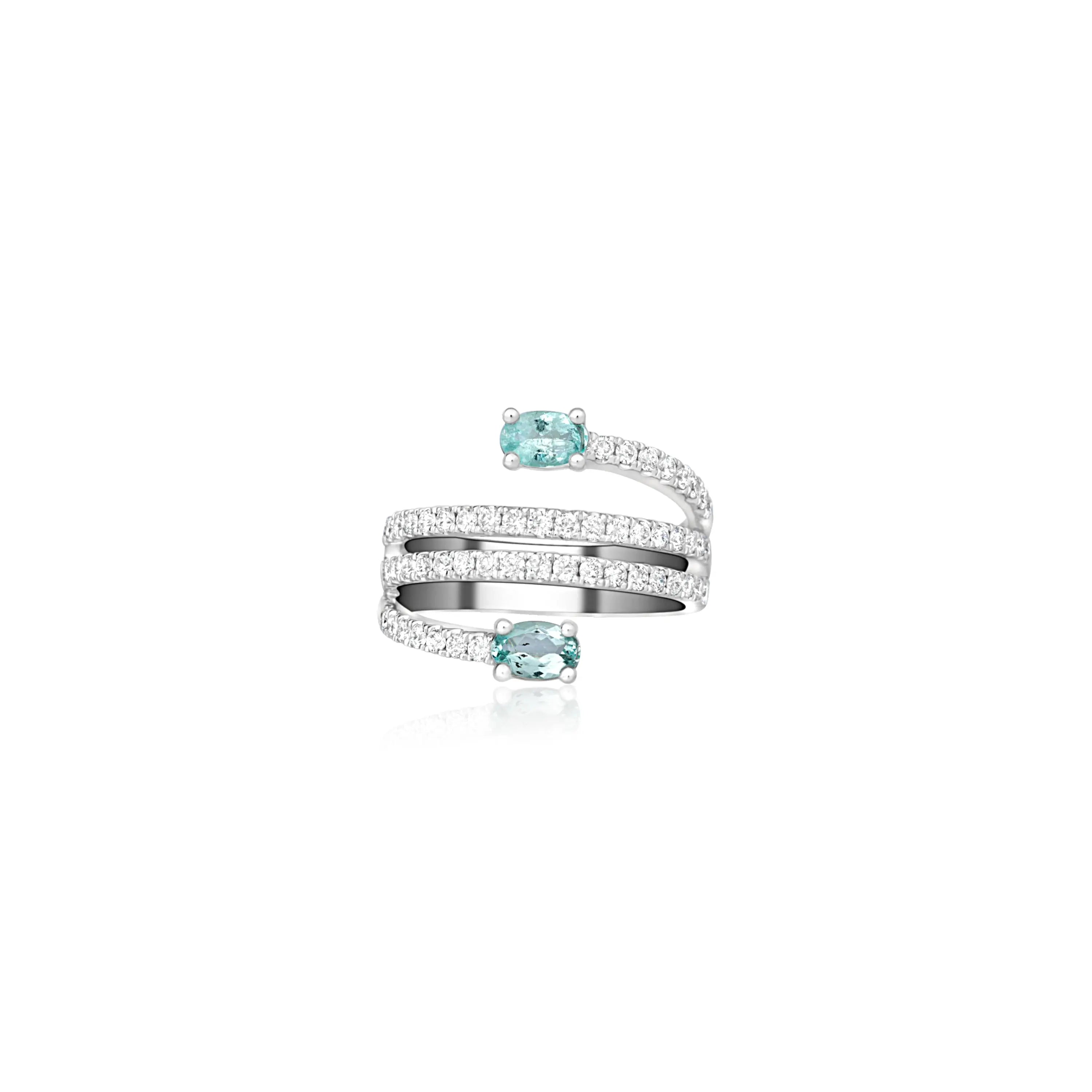 Anel Espiral com Diamantes e Turmalinas Paraíba em Ouro Branco-JJ Diamond