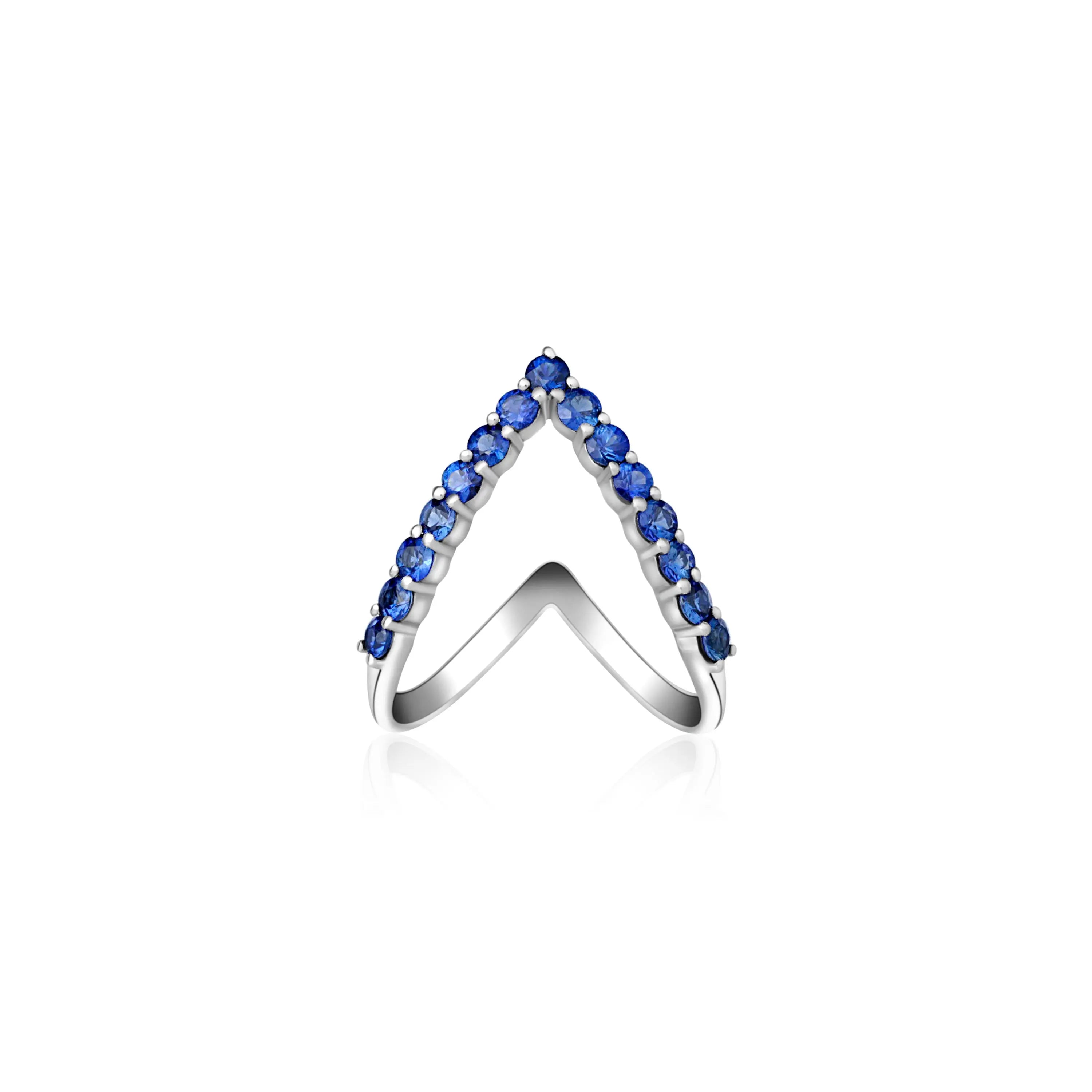 Anel V com Safiras Azuis em Ouro Branco-JJ Diamond