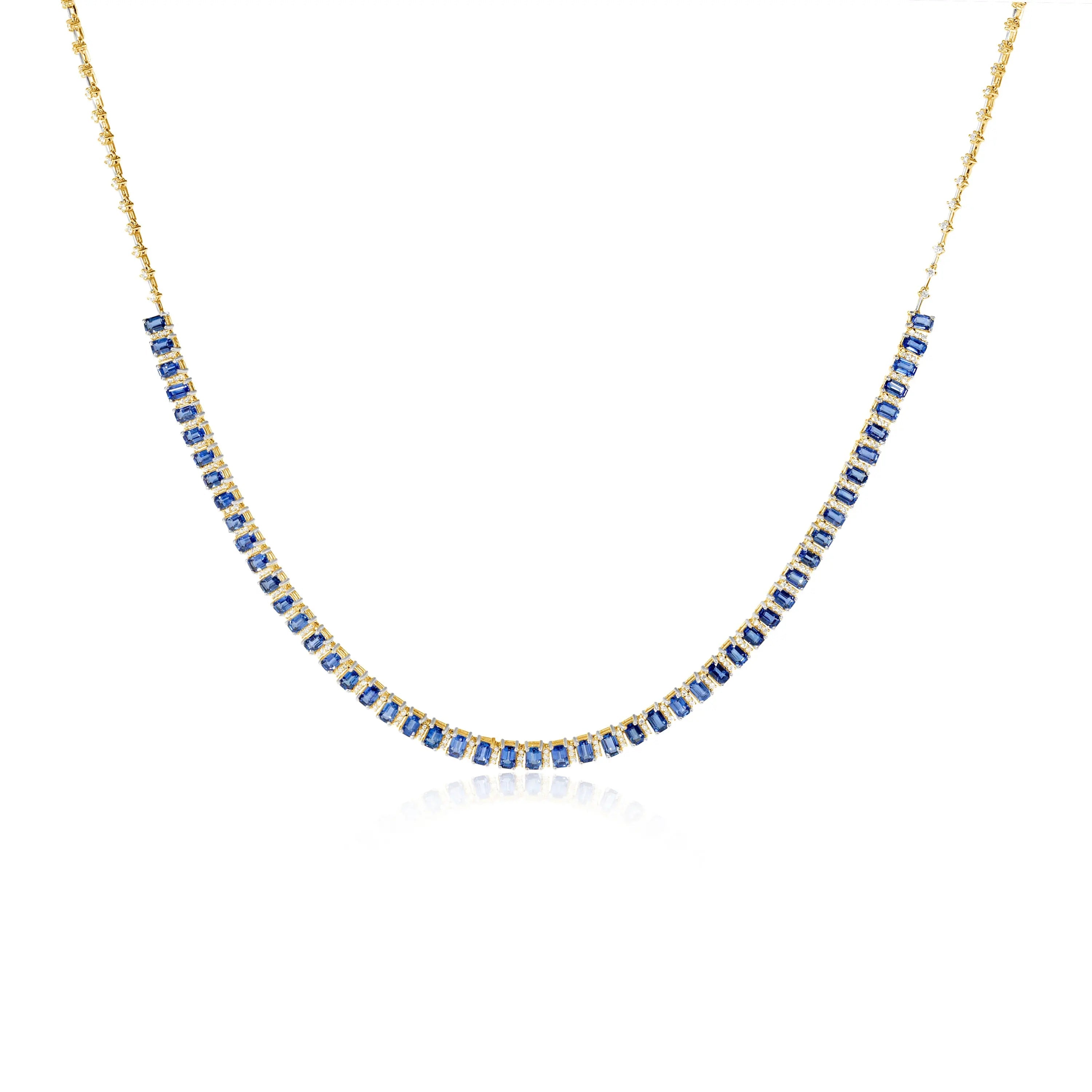 Colar Riviera com Safiras Azuis e Diamantes em Ouro Amarelo - JJ Diamond