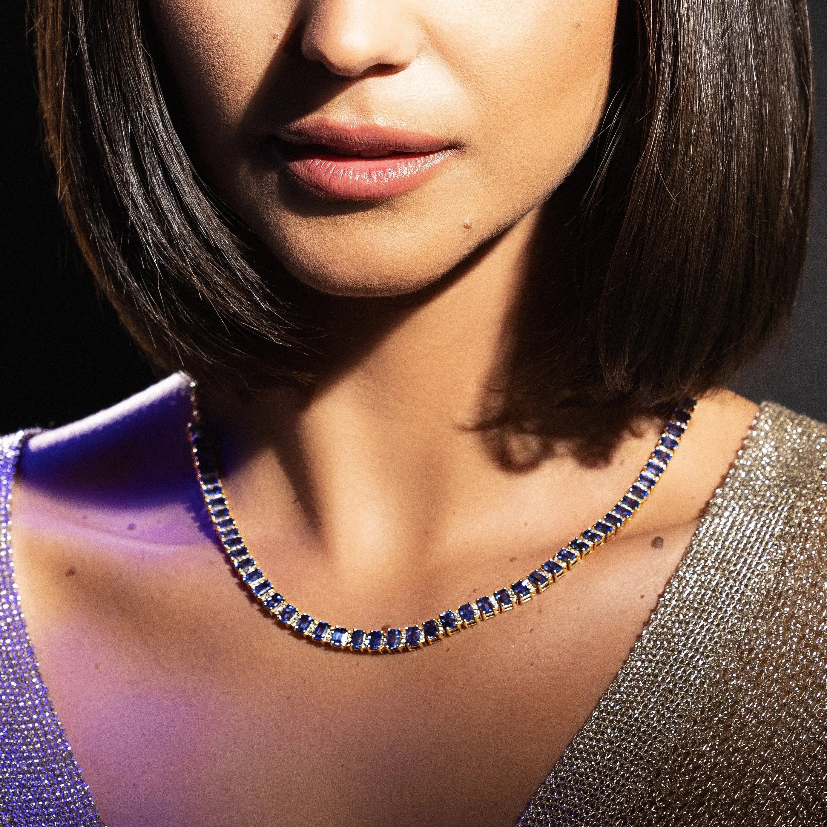 Colar Riviera com Safiras Azuis e Diamantes em Ouro Amarelo - JJ Diamond
