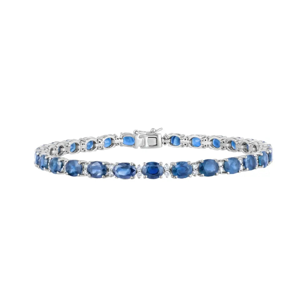 Pulseira com Safiras Azuis Ovais e Diamantes em Ouro Branco