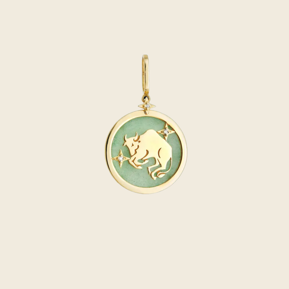Pendente Zodíaco Touro com Quartzo Verde e Diamantes em Ouro Amarelo