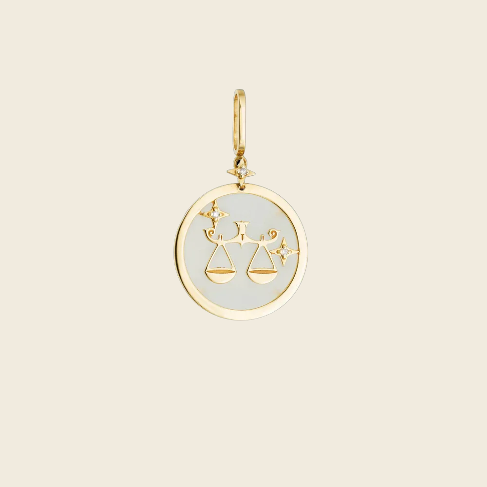 Pendente Zodíaco de Libra com Quartzo Branco e Diamantes em Ouro Amarelo