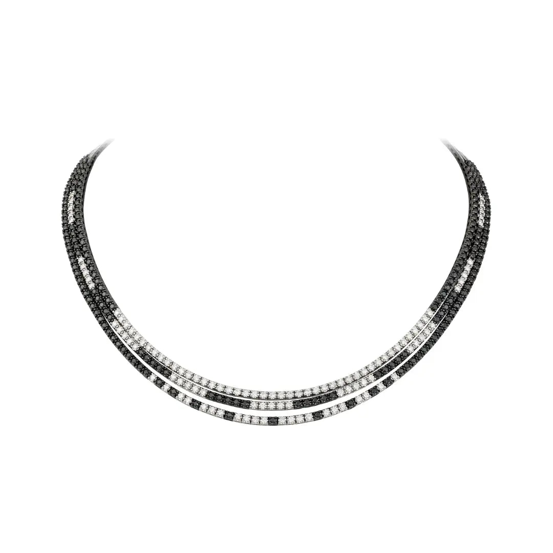Colar Riviera Duplo com Diamantes Pretos e Brancos em Ouro Branco - JJ Diamond