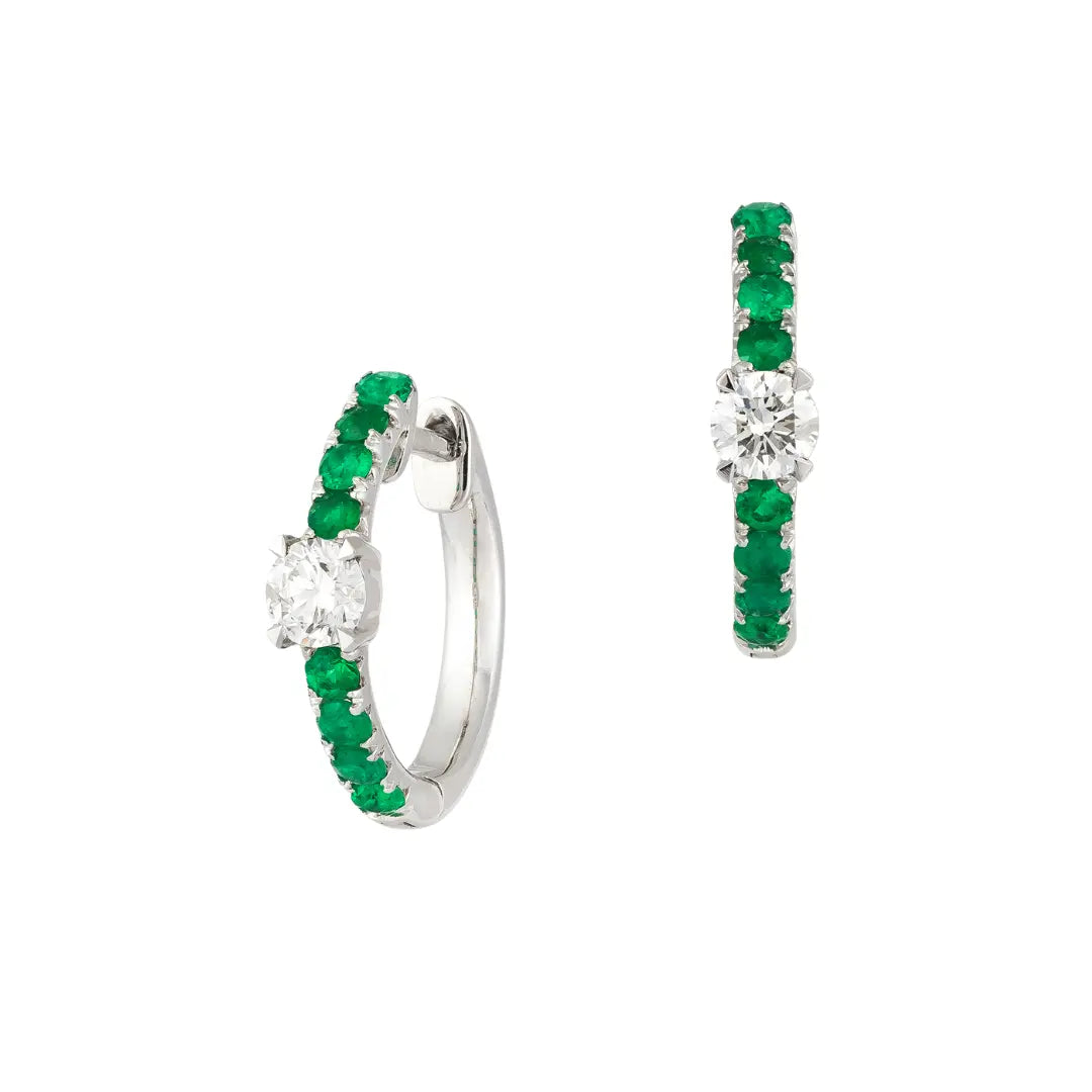 Brincos de Argola Pequenos de Esmeralda e Diamante-JJ Diamond