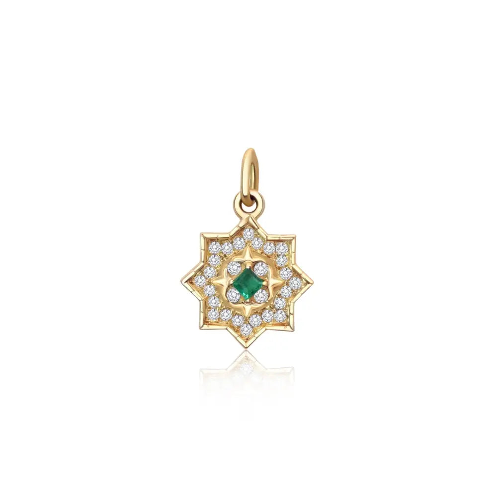  Pingente Estrela de Esmeralda e Diamantes em Ouro Amarelo-JJ Diamond
