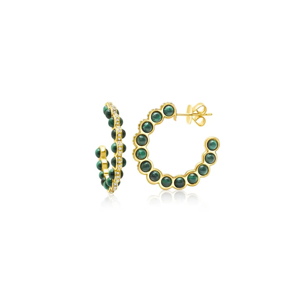 Brincos de Argola de Malaquita e Diamante em Ouro Amarelo-JJ Diamond