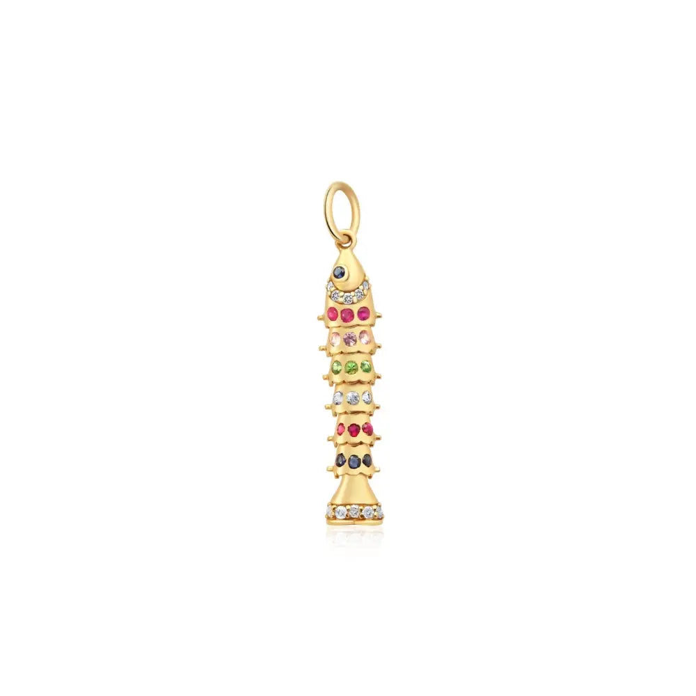  Pingente Peixe de Pedra Multicolorida em Ouro Amarelo-JJ Diamond
