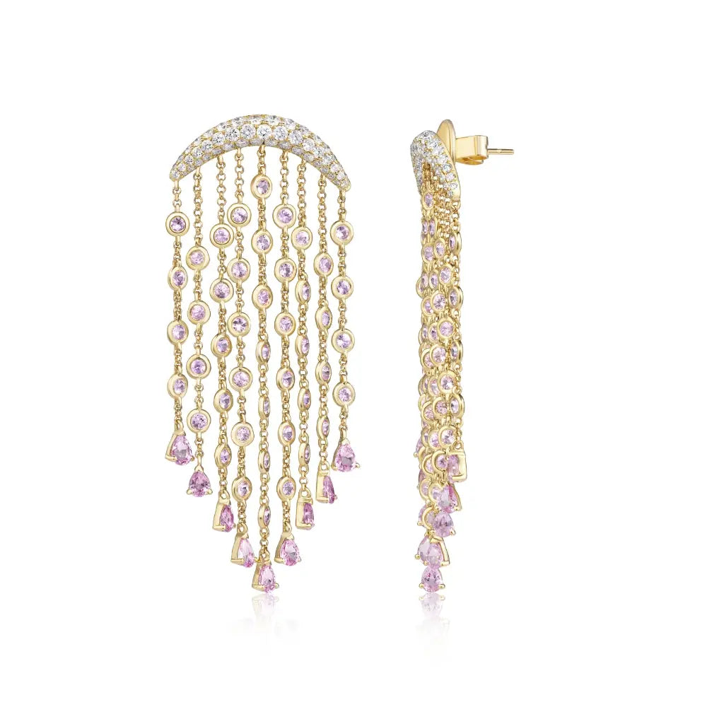 Brincos Chandelier em Safira Rosa e Diamante-JJ Diamond